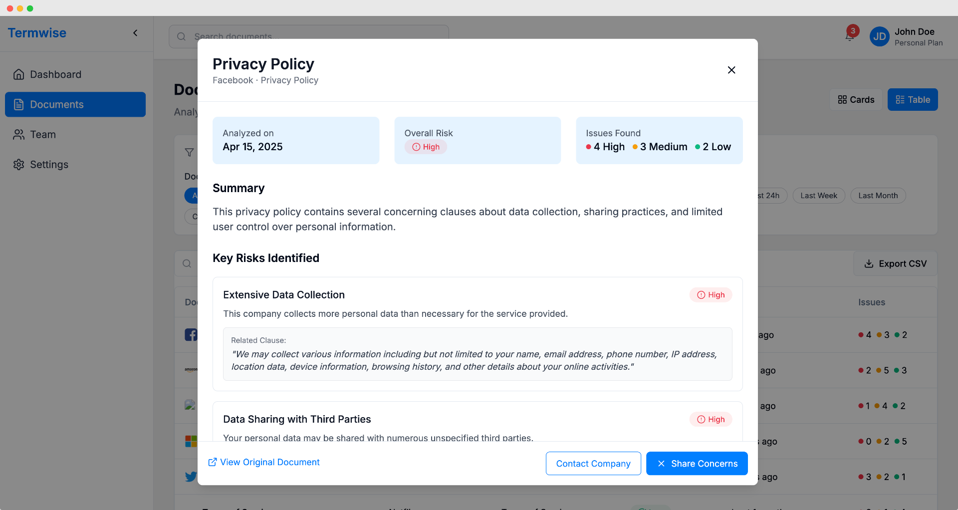 Screenshot of Termwise Real-Time Risk Analysis feature