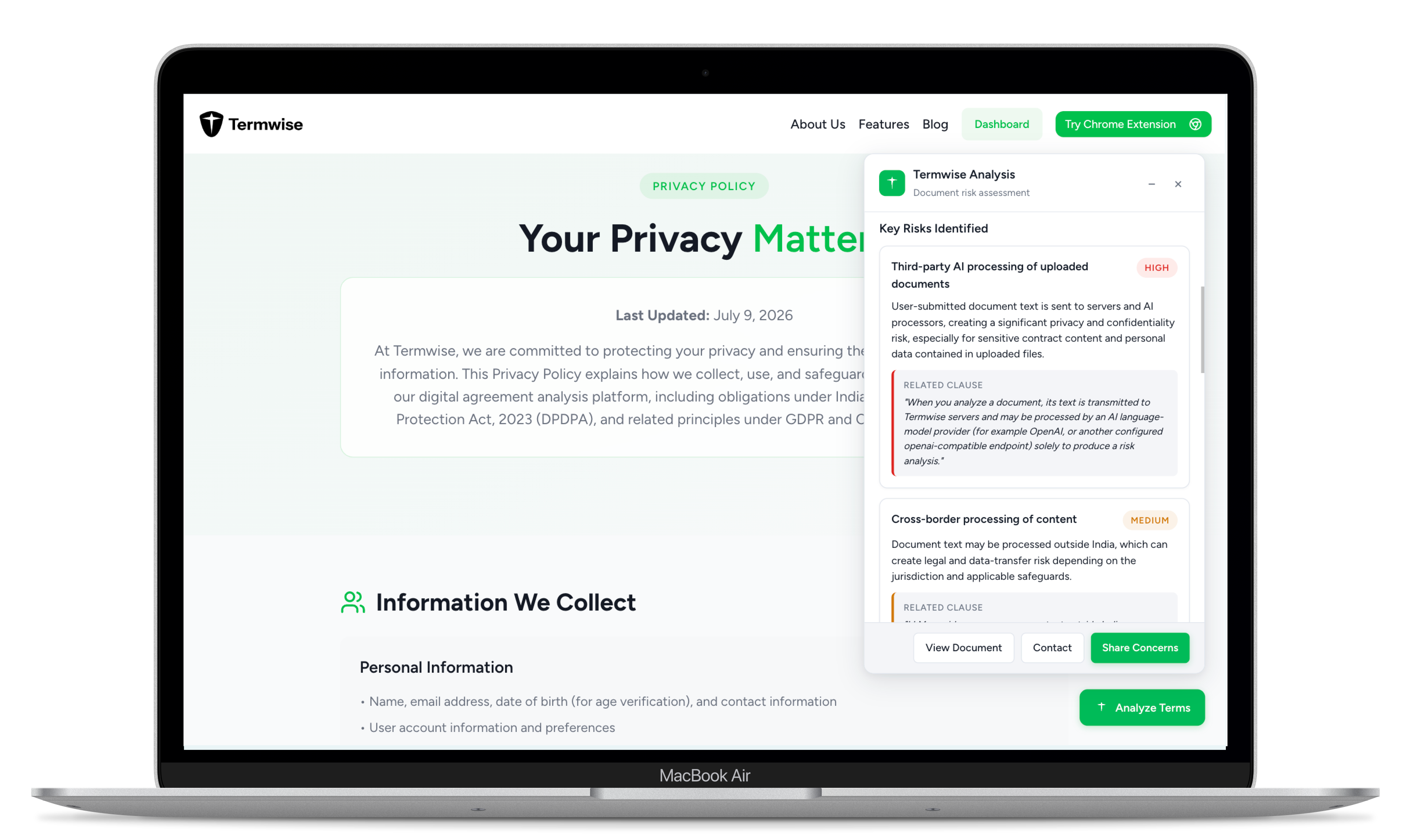 Screenshot of Termwise Instant AI-Powered Privacy Analysis feature
