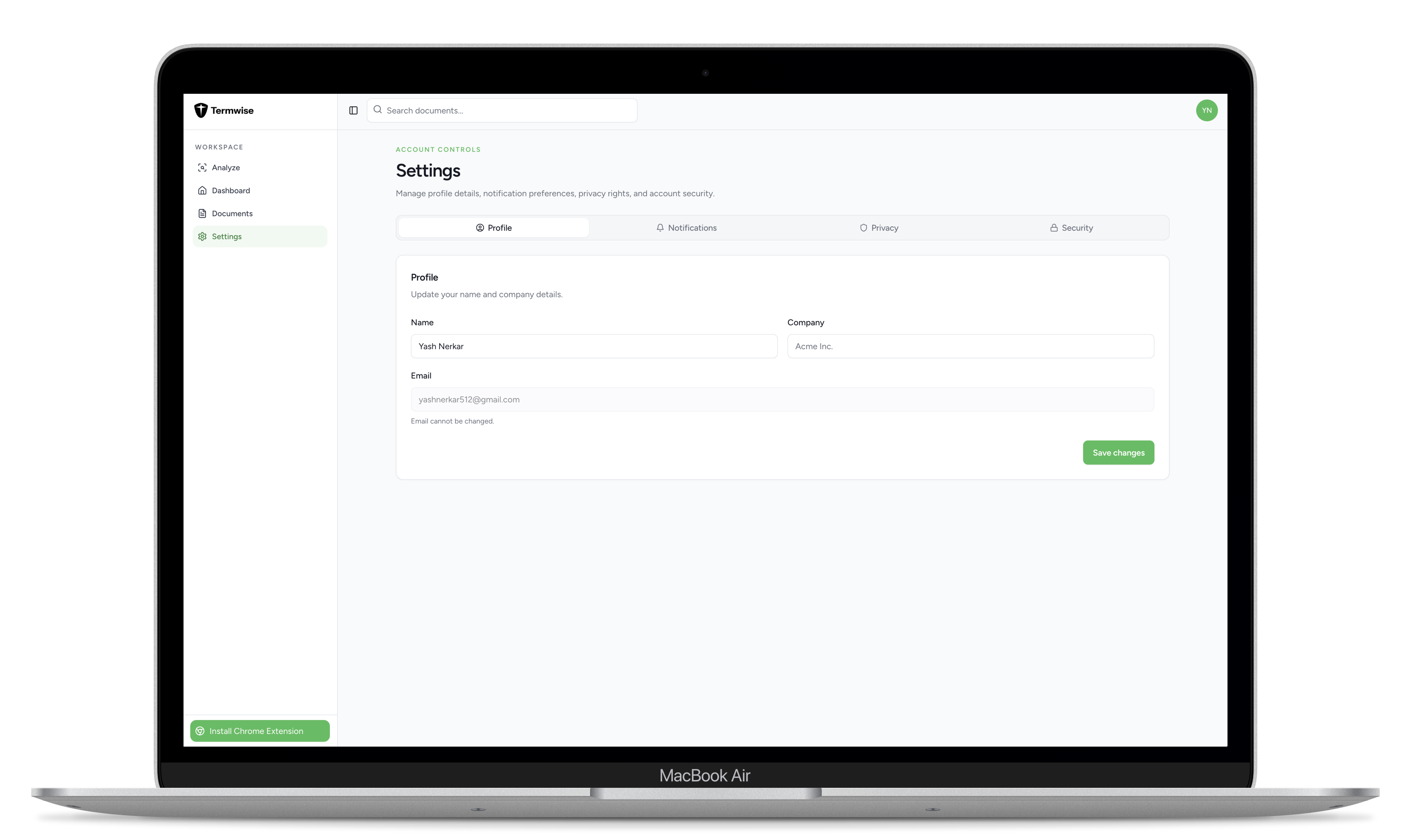 Screenshot of Termwise Account Settings feature